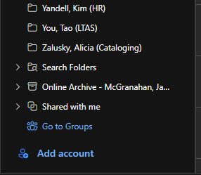 Where to find your Shared Exchange Mailbox? Look in the "Shared with me" group near bottom of the listing of folders.