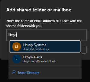Begin entering the email address of the shared exchanged mailbox.